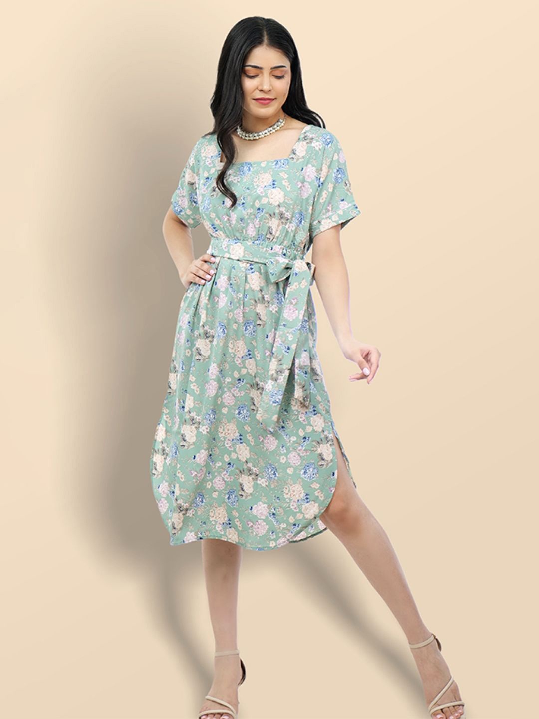 

Boholyfe Floral Printed Fit & Flare Midi Dress, Green