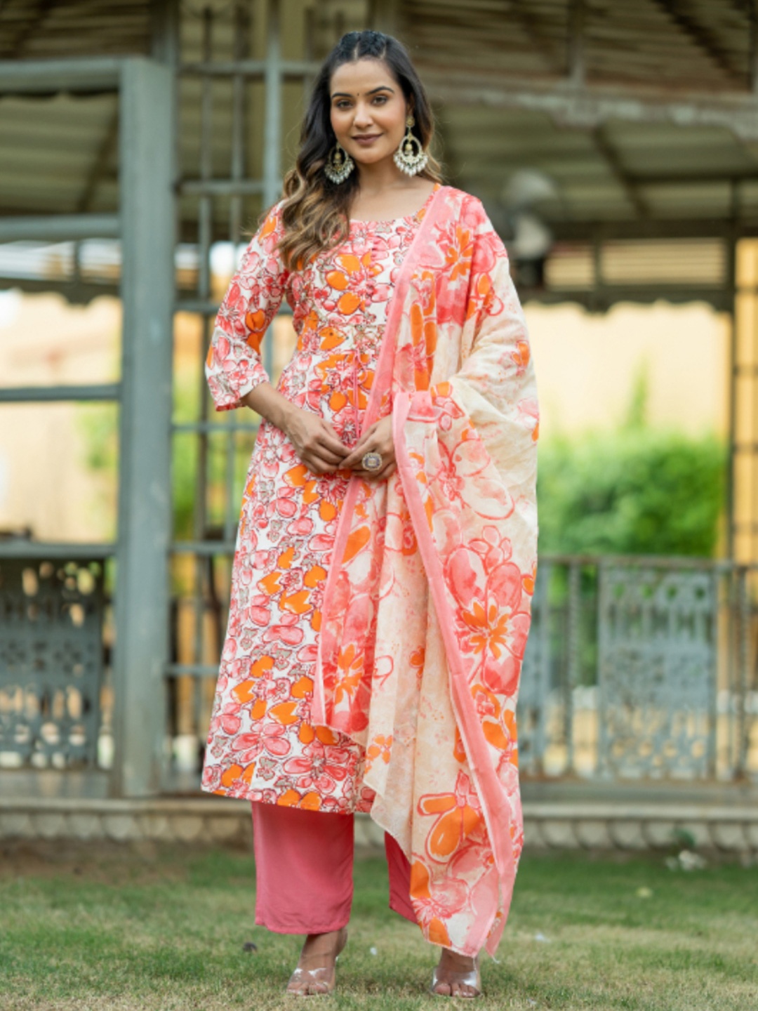 

KALINI Floral Printed Pure Cotton Straight Kurta with Trousers & Dupatta, Pink