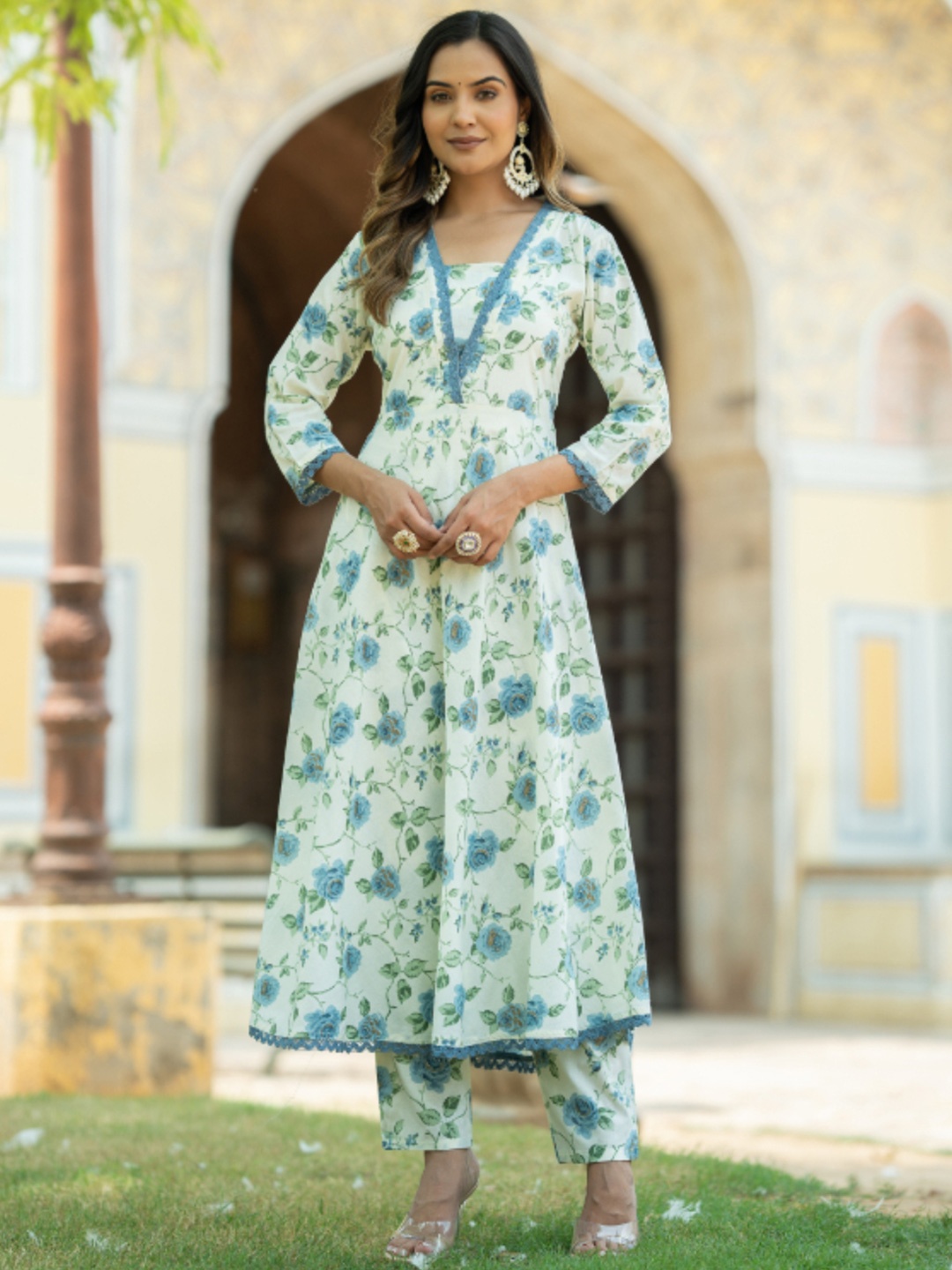 

KALINI Floral Printed Pure Cotton A-Line Kurta With Trouser, White