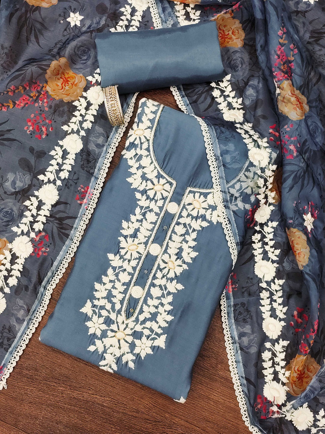 

MANVAA Floral Embroidered Unstitched Dress Material, Grey