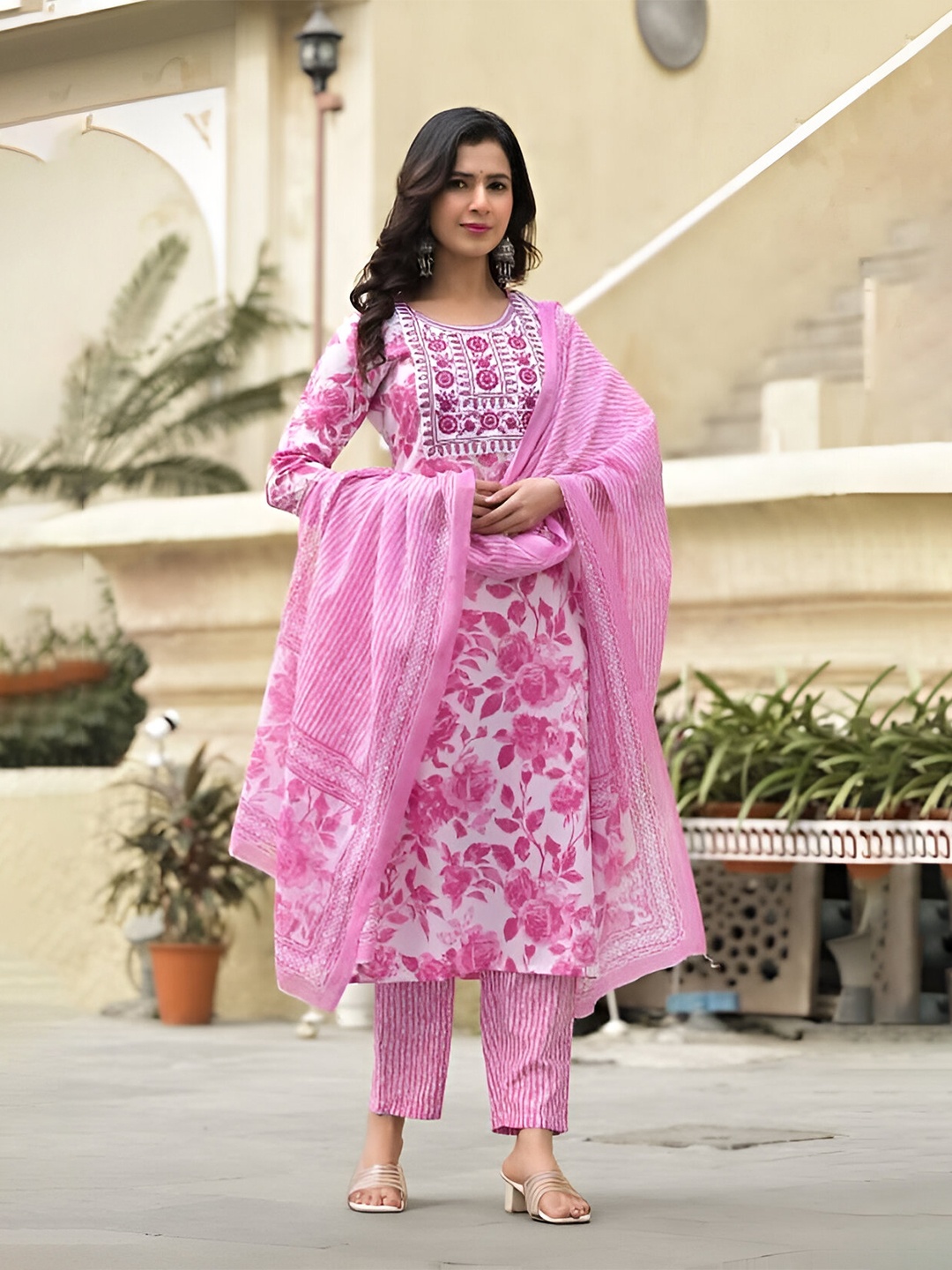 Parth Fab Floral Printed V-Neck Thread Work Straight Kurta with Trousers & Dupatta, White