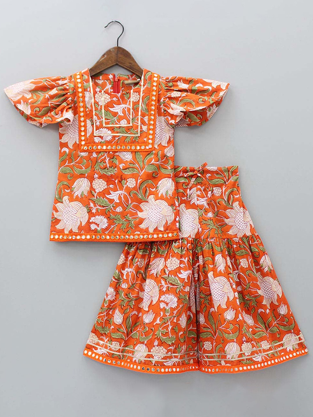 

BAESD Girls Floral Printed Round Neck Flutter Sleeves Mirror Work Kurti with Sharara, Orange