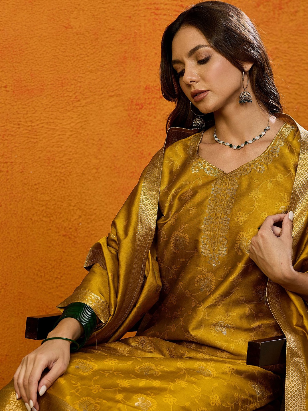 

AHIKA Ethnic Motifs Woven Design V-Neck Zari Straight Kurta With Trousers & Dupatta, Mustard
