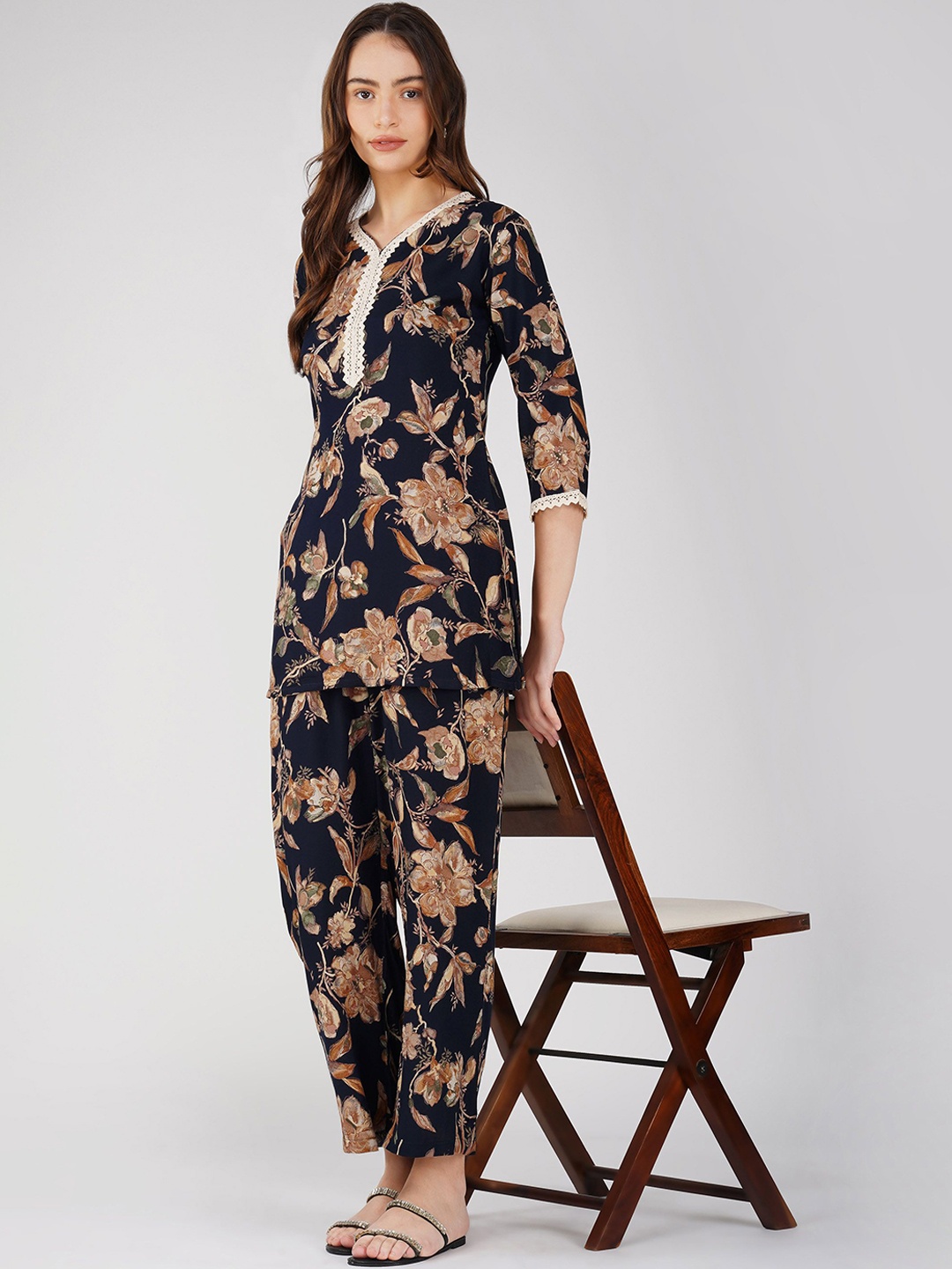 

Bindigasm Printed Tunic With Trouser, Navy blue
