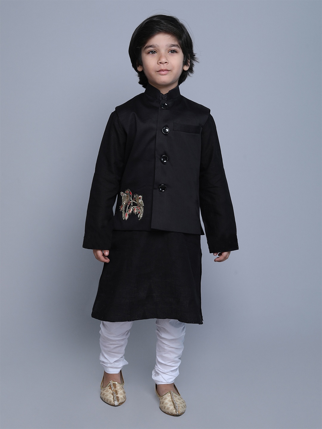 

Little Clothings Boys Floral Embroidered Thread Work Linen Kurta With Churidar, Black