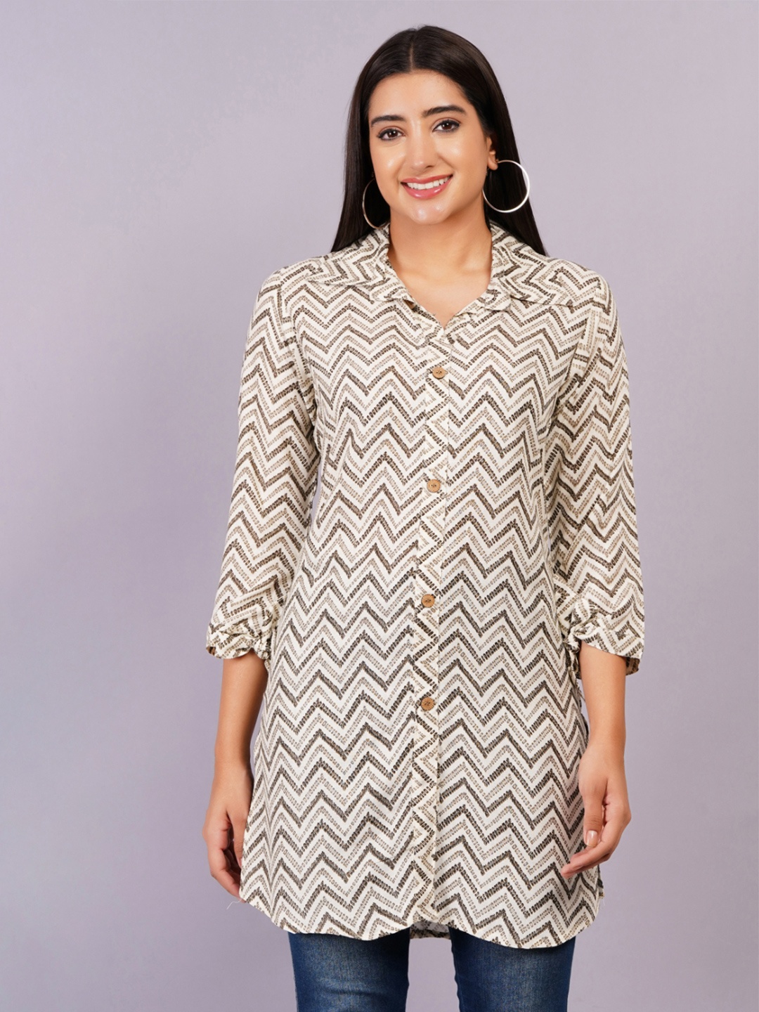 

HIGHLIGHT FASHION EXPORT Ethnic Motifs Printed Shirt Collar Kurti, Beige