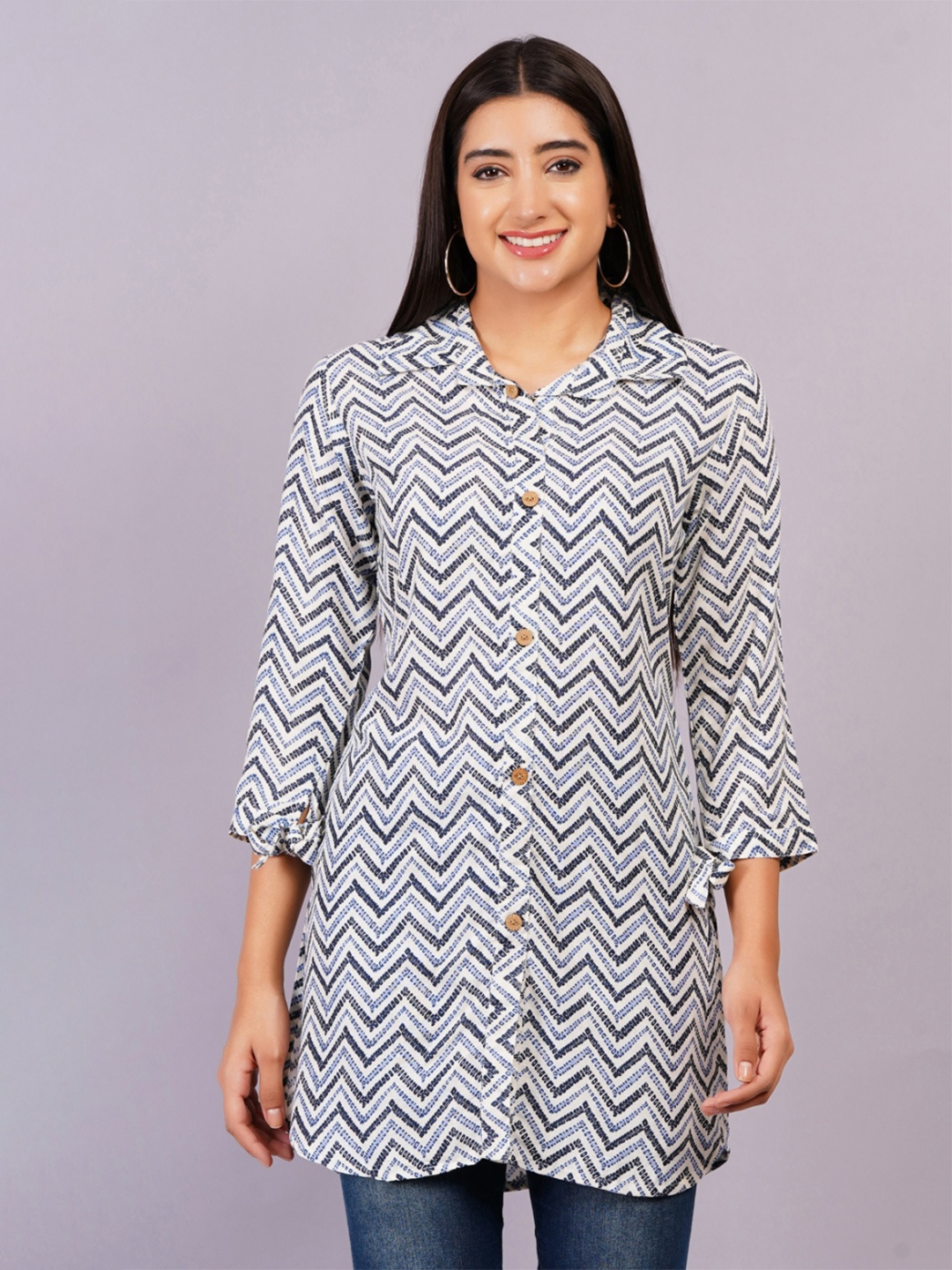 

HIGHLIGHT FASHION EXPORT Chevron Printed Shirt Collar Kurti, Grey