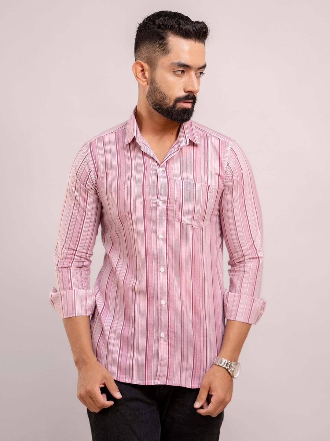 

FrionKandy Men Standard Spread Collar Striped Cotton Casual Shirt, Purple