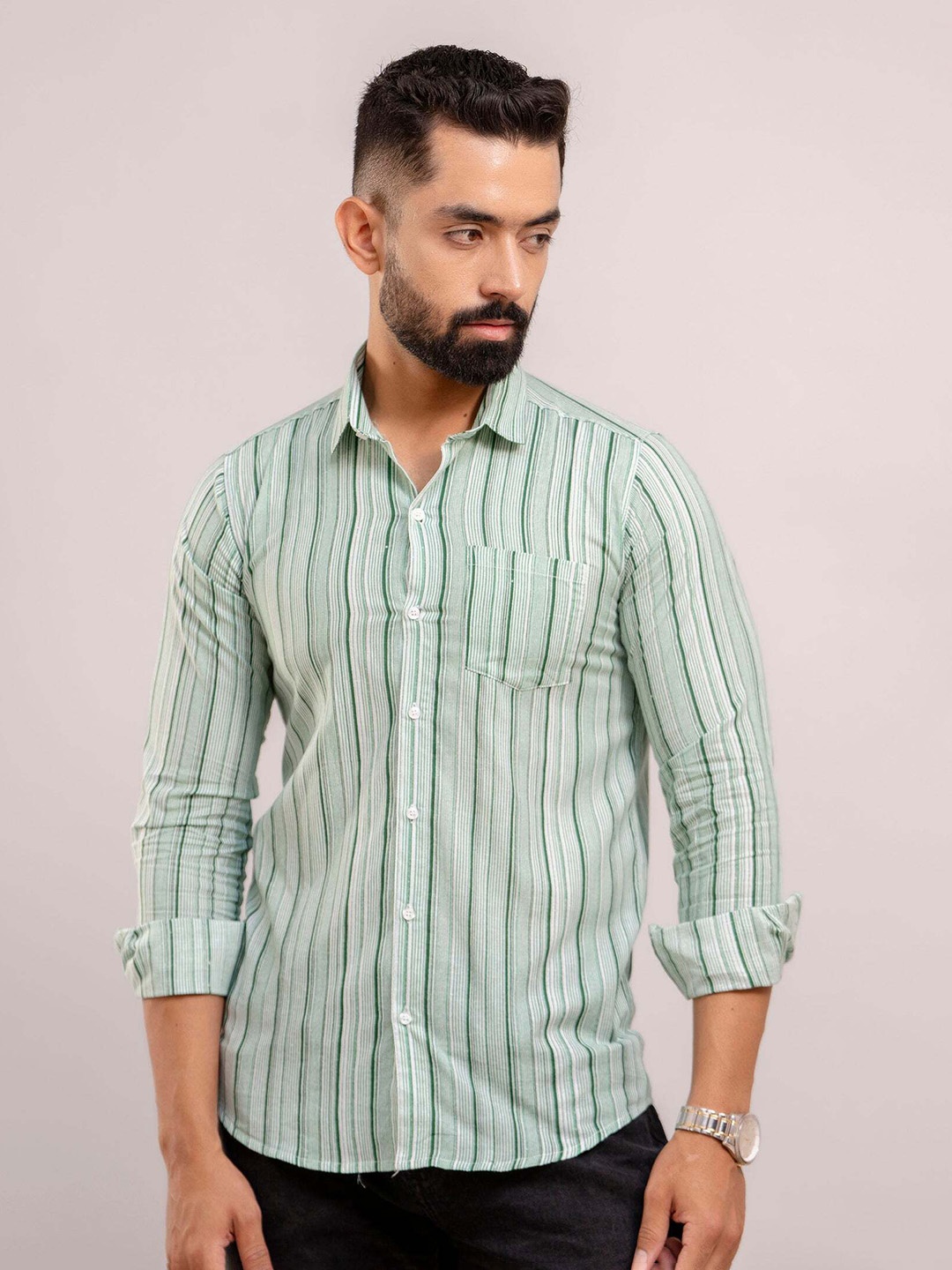 

FrionKandy Men Standard Spread Collar Striped Cotton Casual Shirt, Green