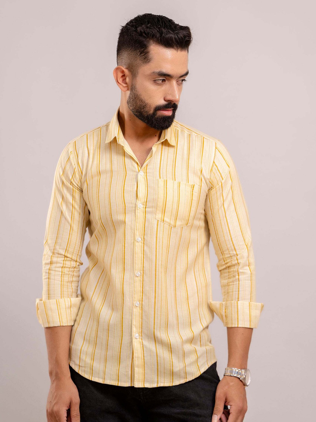 

FrionKandy Men Standard Spread Collar Striped Cotton Casual Shirt, Yellow
