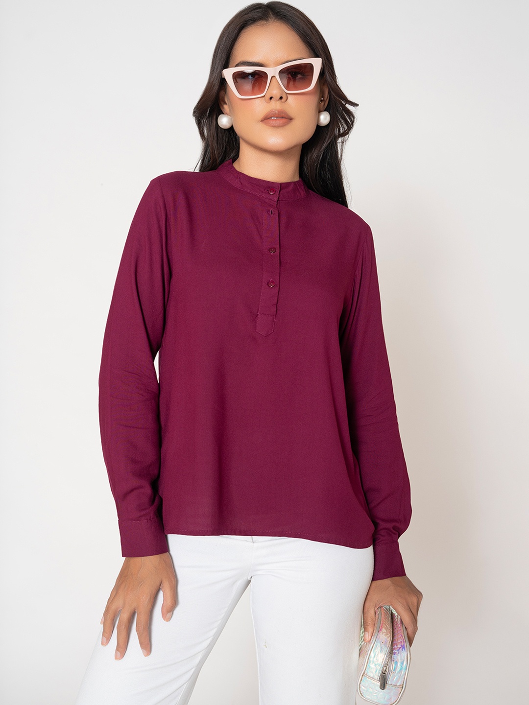 

Lounge Dreams Women Solid Mandarin Collar Top, Purple