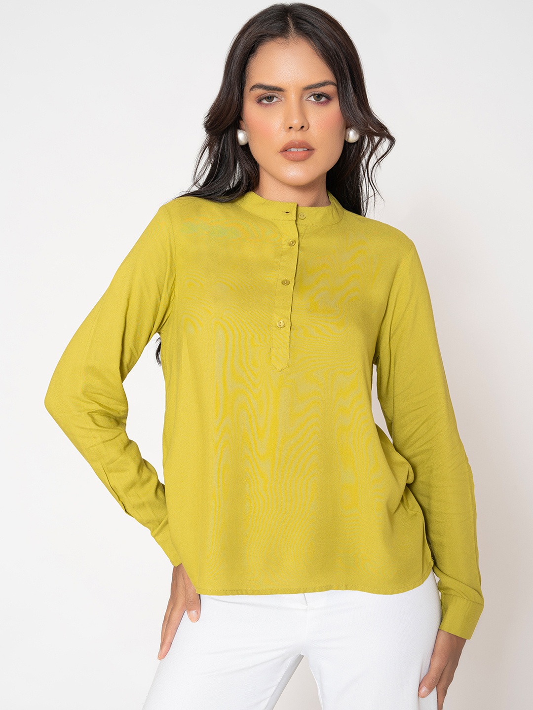

Lounge Dreams Women Solid Mandarin Collar Top, Lime green