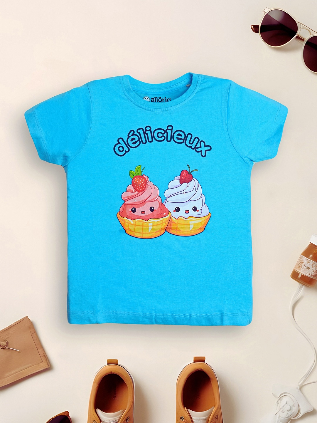 

allorio kids Girls Graphic Printed Round Neck Pure Cotton T-shirt, Blue