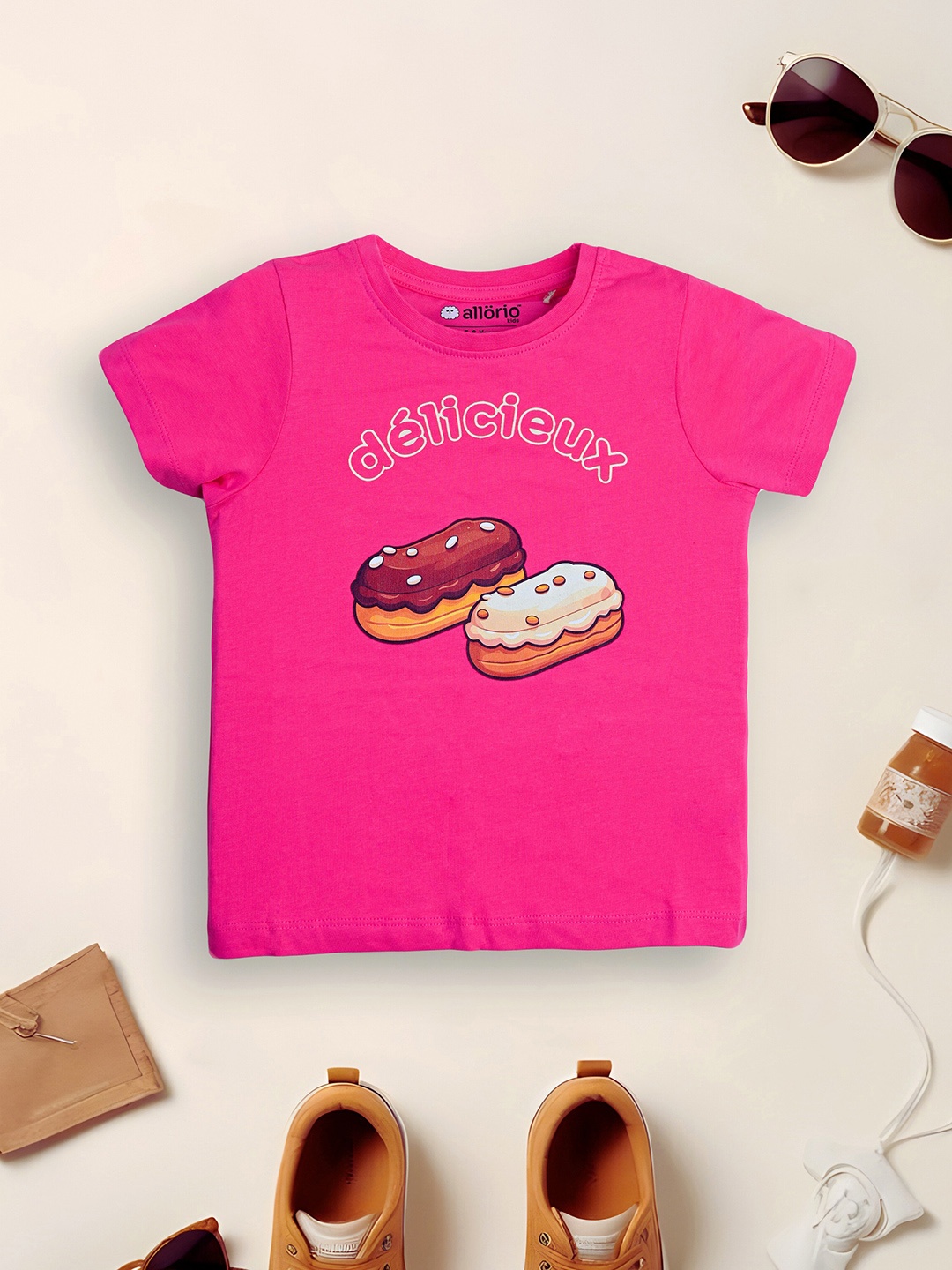 

allorio kids Girls Graphic Printed Round Neck Pure Cotton T-shirt, Pink