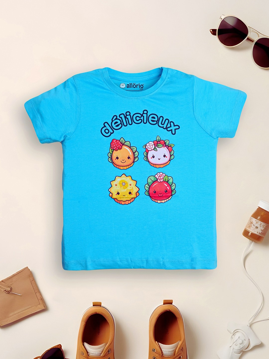 

allorio kids Girls Graphic Printed Round Neck Pure Cotton T-shirt, Blue
