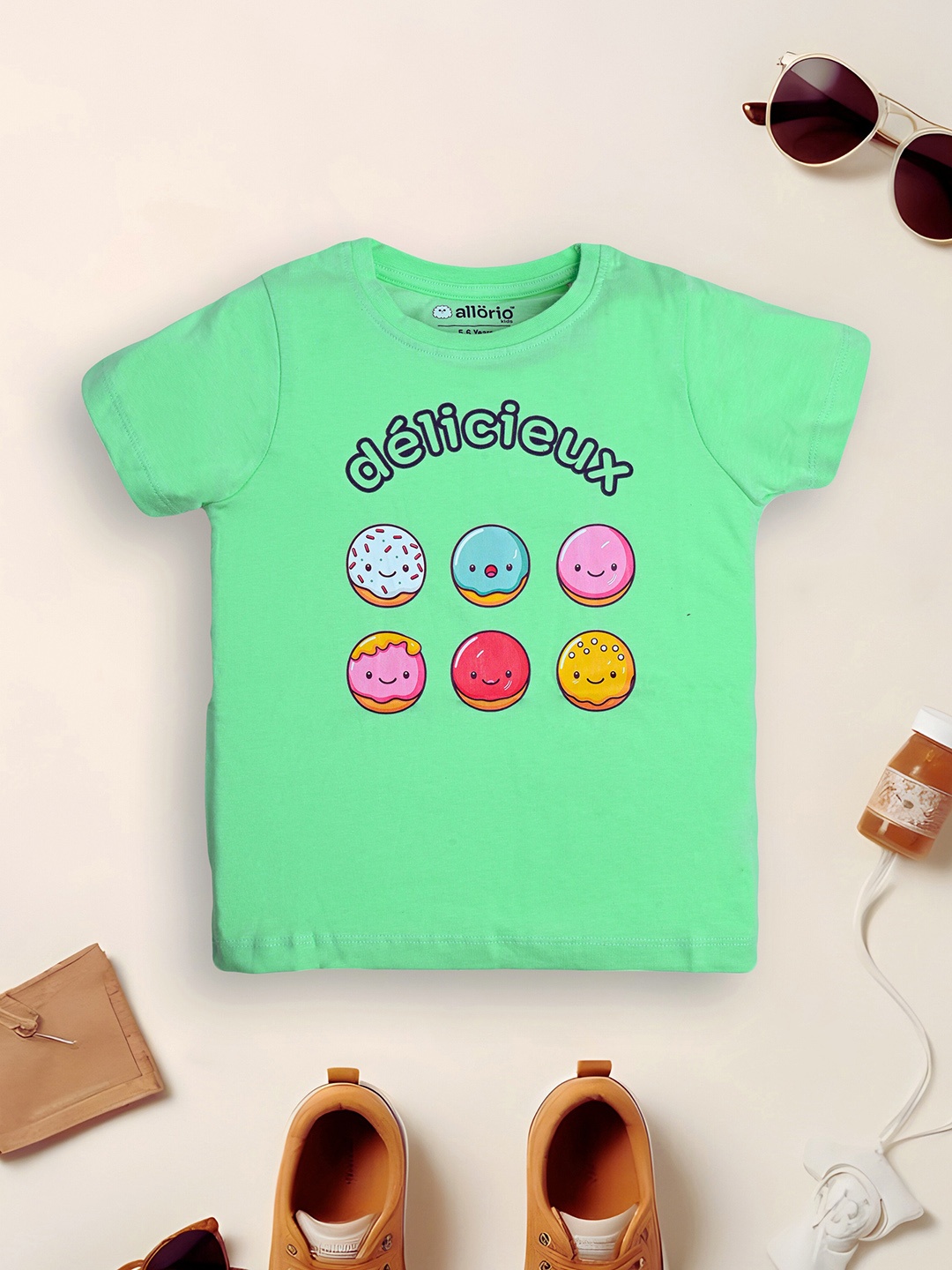 

allorio kids Girls Graphic Printed Round Neck Pure Cotton T-shirt, Green