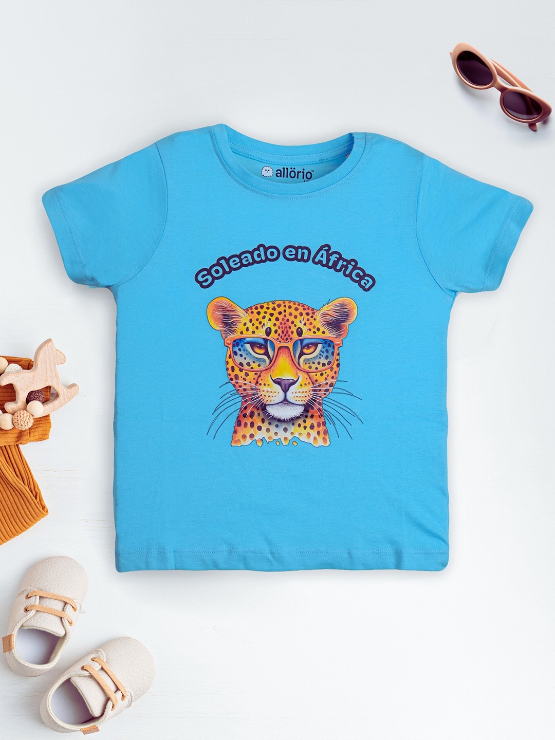 

allorio kids Girls Graphic Printed Round Neck Pure Cotton T-shirt, Blue