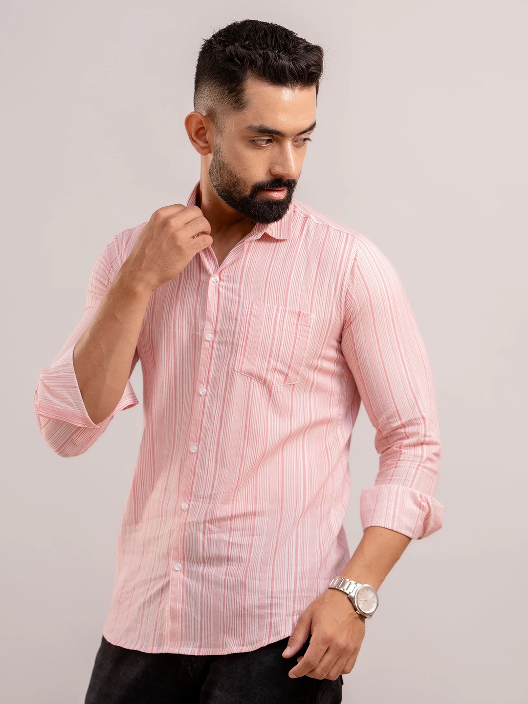 

FrionKandy Men Standard Spread Collar Striped Cotton Casual Shirt, Pink