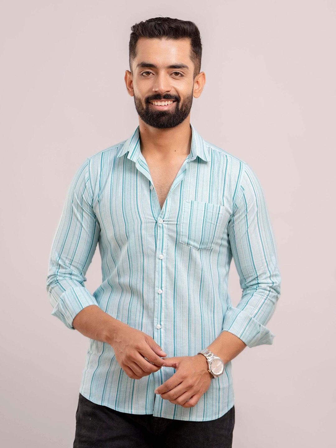 

FrionKandy Men Standard Spread Collar Striped Cotton Casual Shirt, Turquoise blue