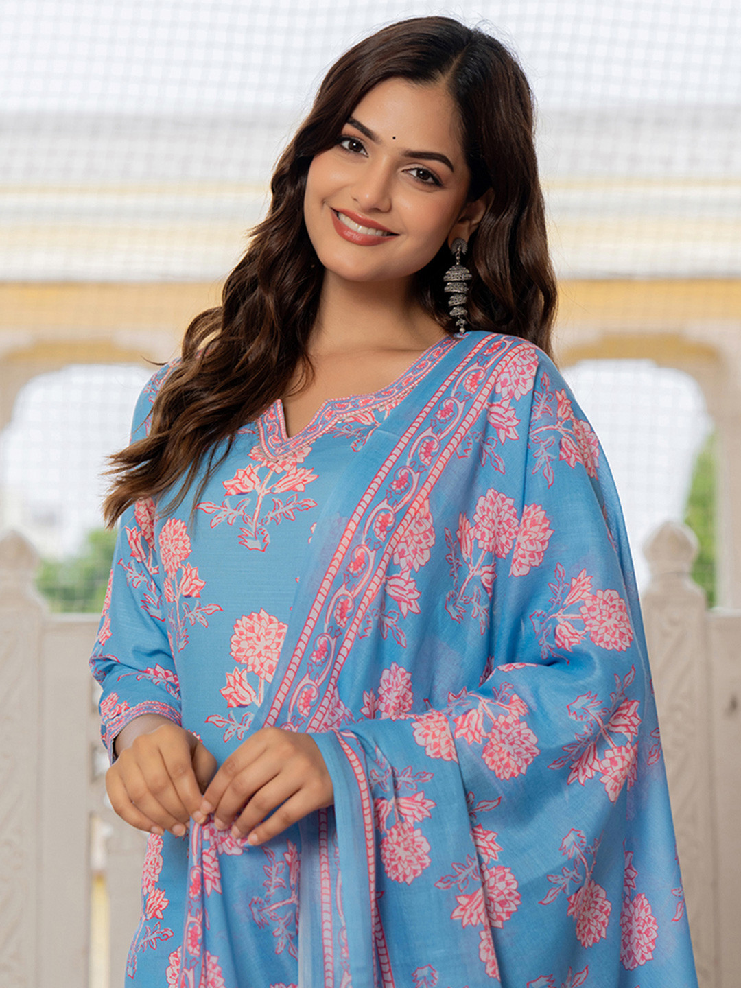 

AHIKA Floral Printed Notched Neck Straight Kurta With Trousers & Dupatta, Blue