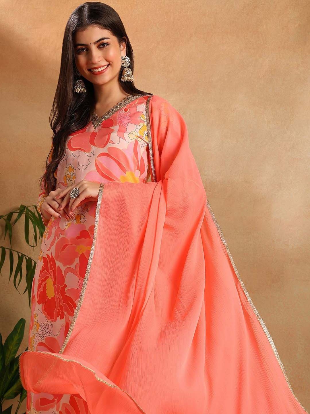 

AHIKA Floral Printed V-Neck Straight Kurta With Trousers & Dupatta, Peach