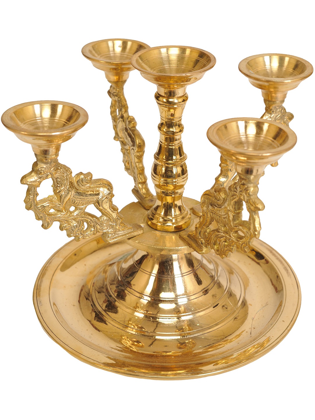 

Exotic India 7" Brass Five-Wick Yali Lamps, Gold