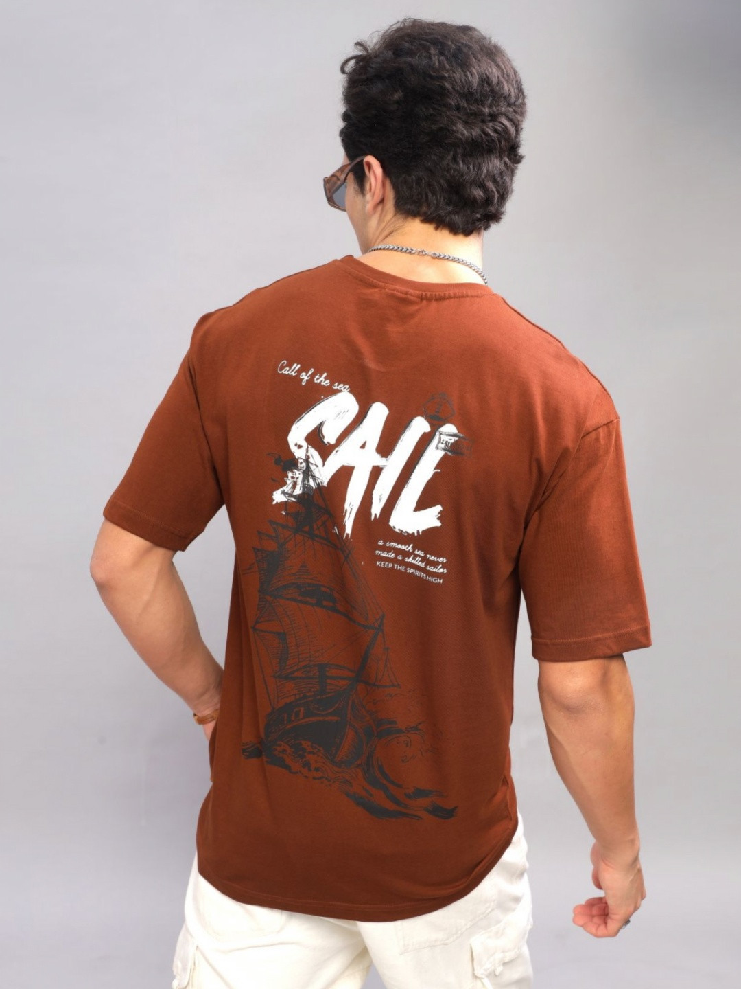

ADRO Men Typography Printed Round Neck Cotton Oversized T-shirt, Brown