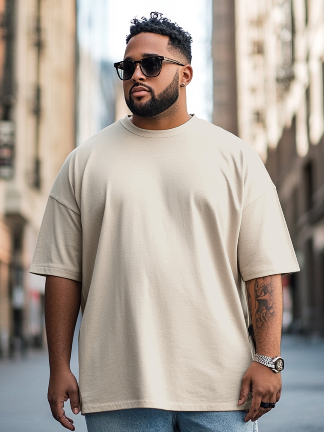

VEIRDO Men Plus Size Solid Round Neck Pure Cotton Oversized T-Shirt, Beige