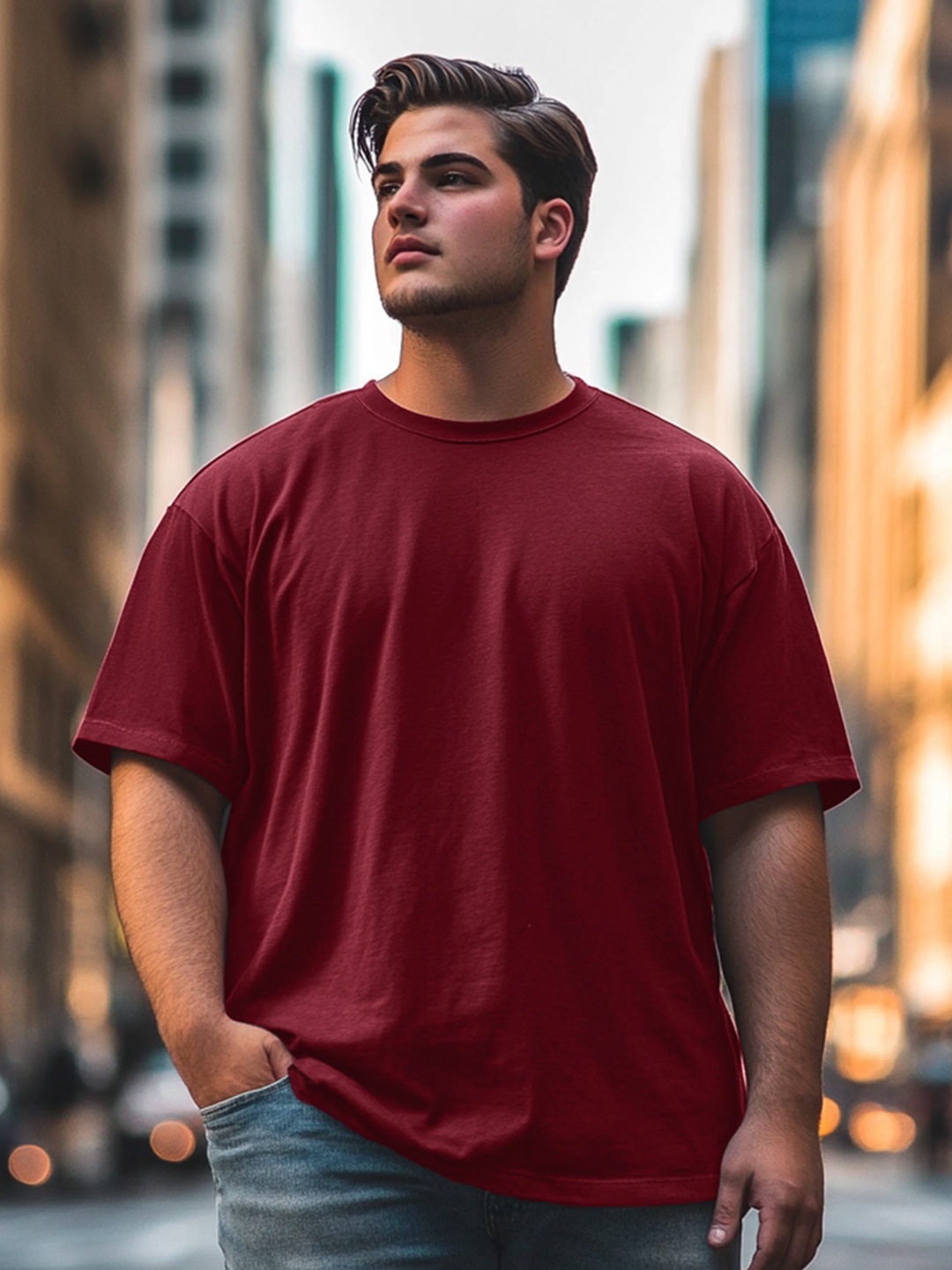 VEIRDO Men Solid Round Neck Pure Cotton Oversized T-shirt, Maroon