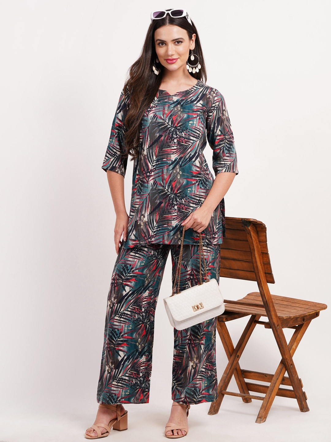 

FIMS Tropical Printed Tunic With Palazzos, Black