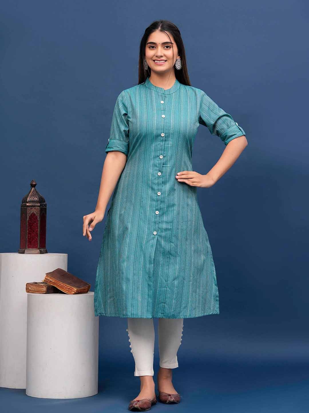 

HEARTLOOM Striped Pure Cotton A-Line Kurta, Teal