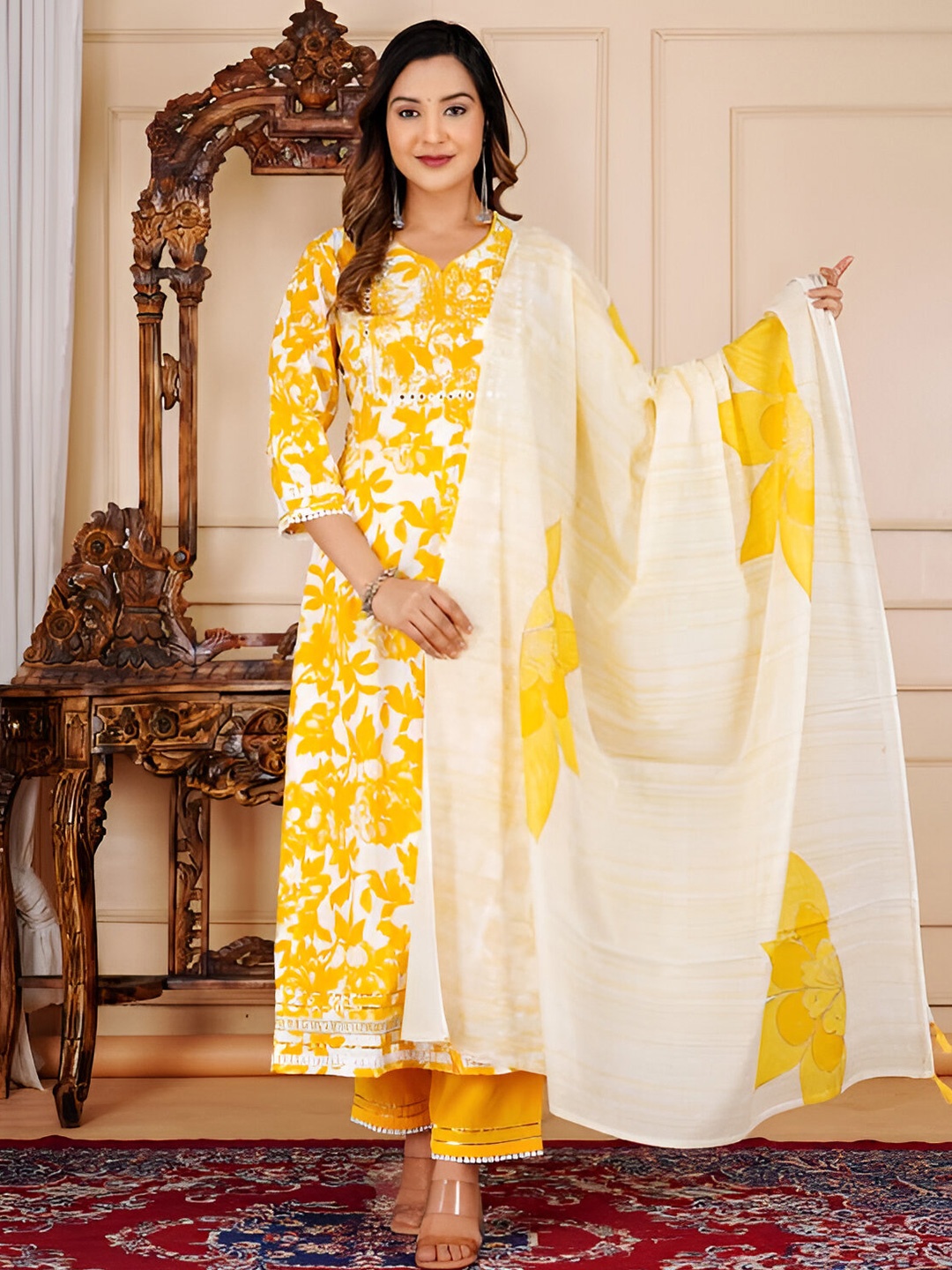

Parth Fab Floral Printed Mirror Work Anarkali Kurta with Trousers & Dupatta, White