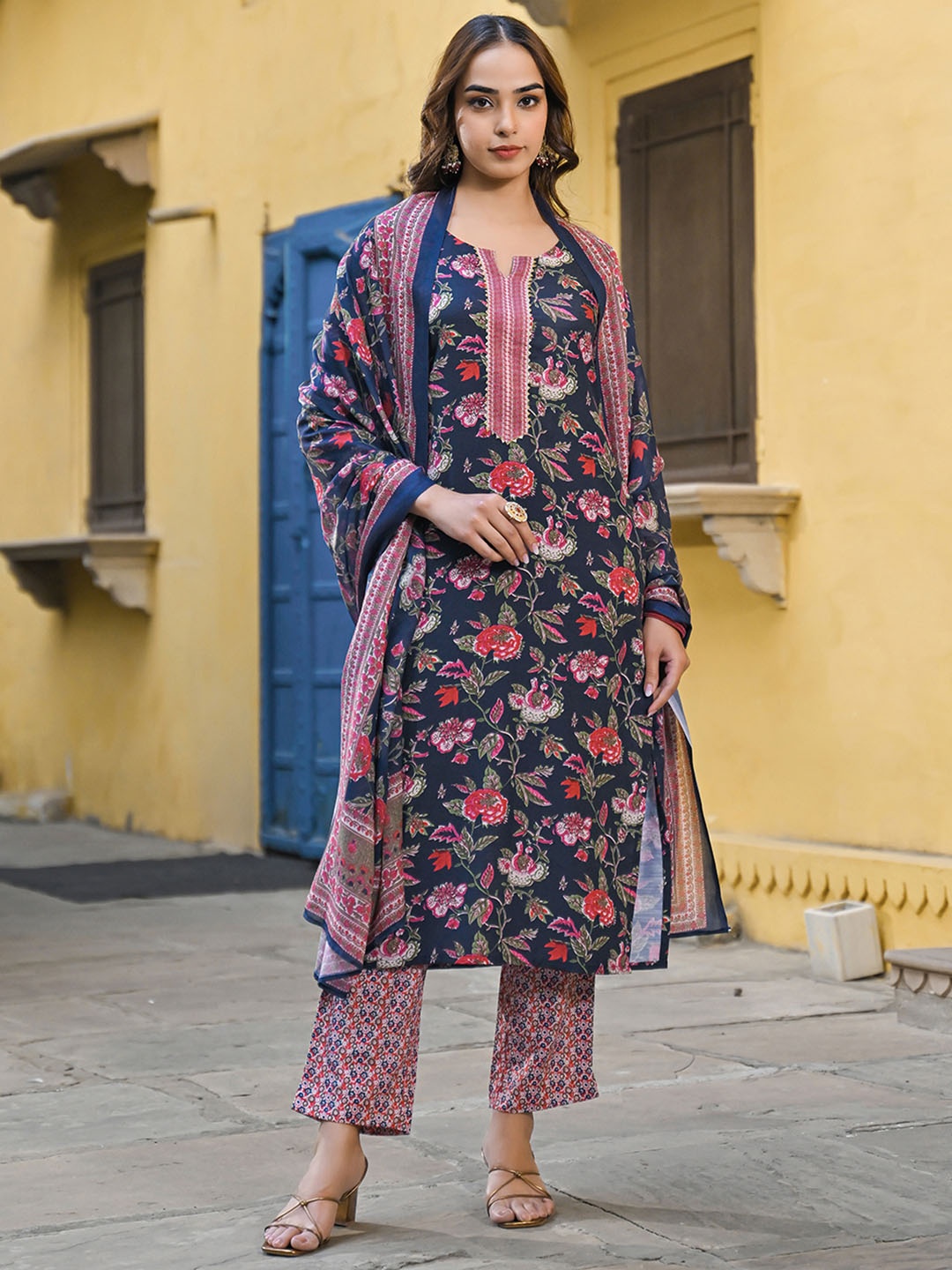 

AHIKA Navy Blue Floral Printed Round Neck Straight Kurta with Trousers & Dupatta