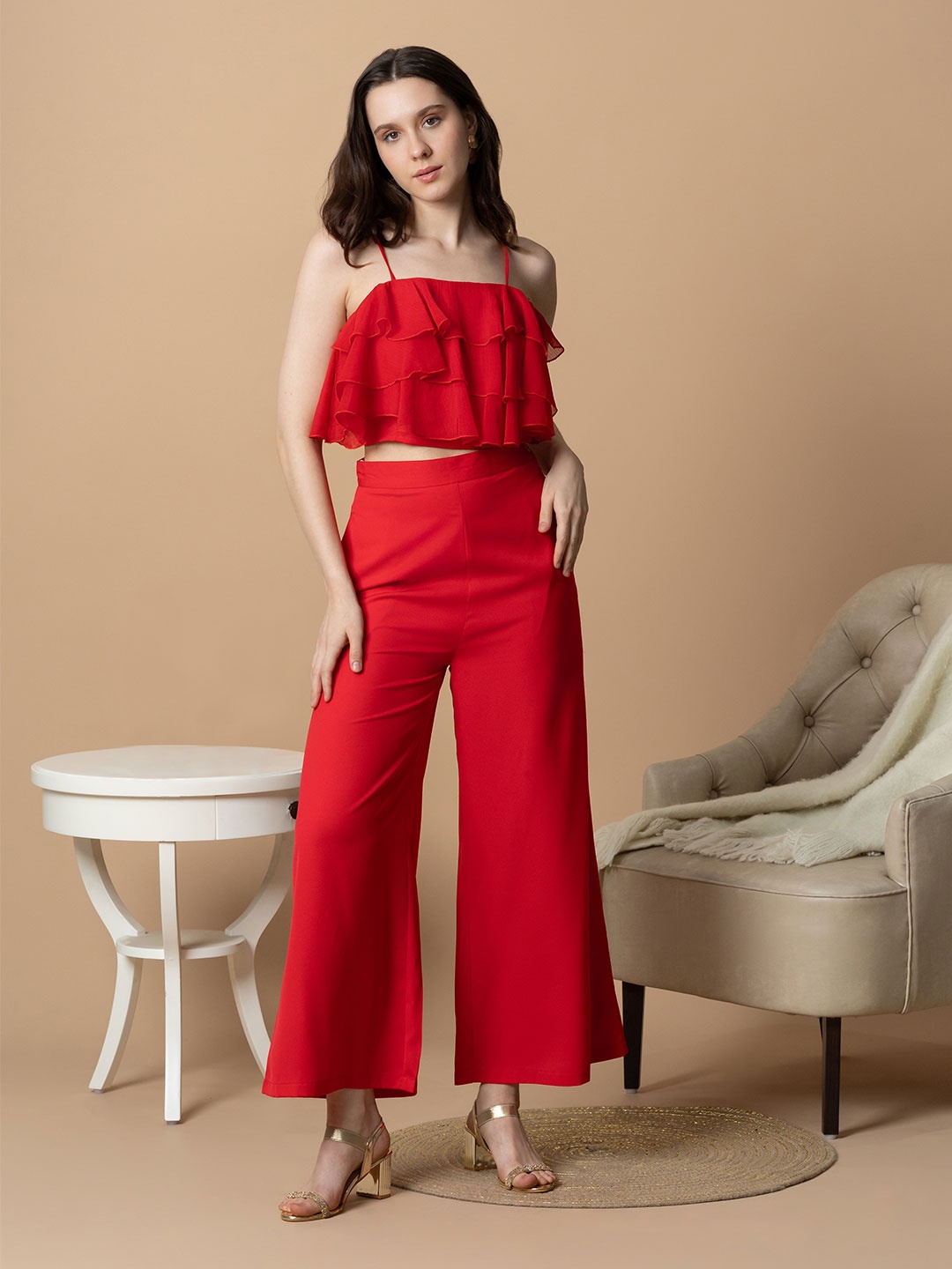 

BLANC9 Shoulder Straps Crop Top With Palazzo, Red