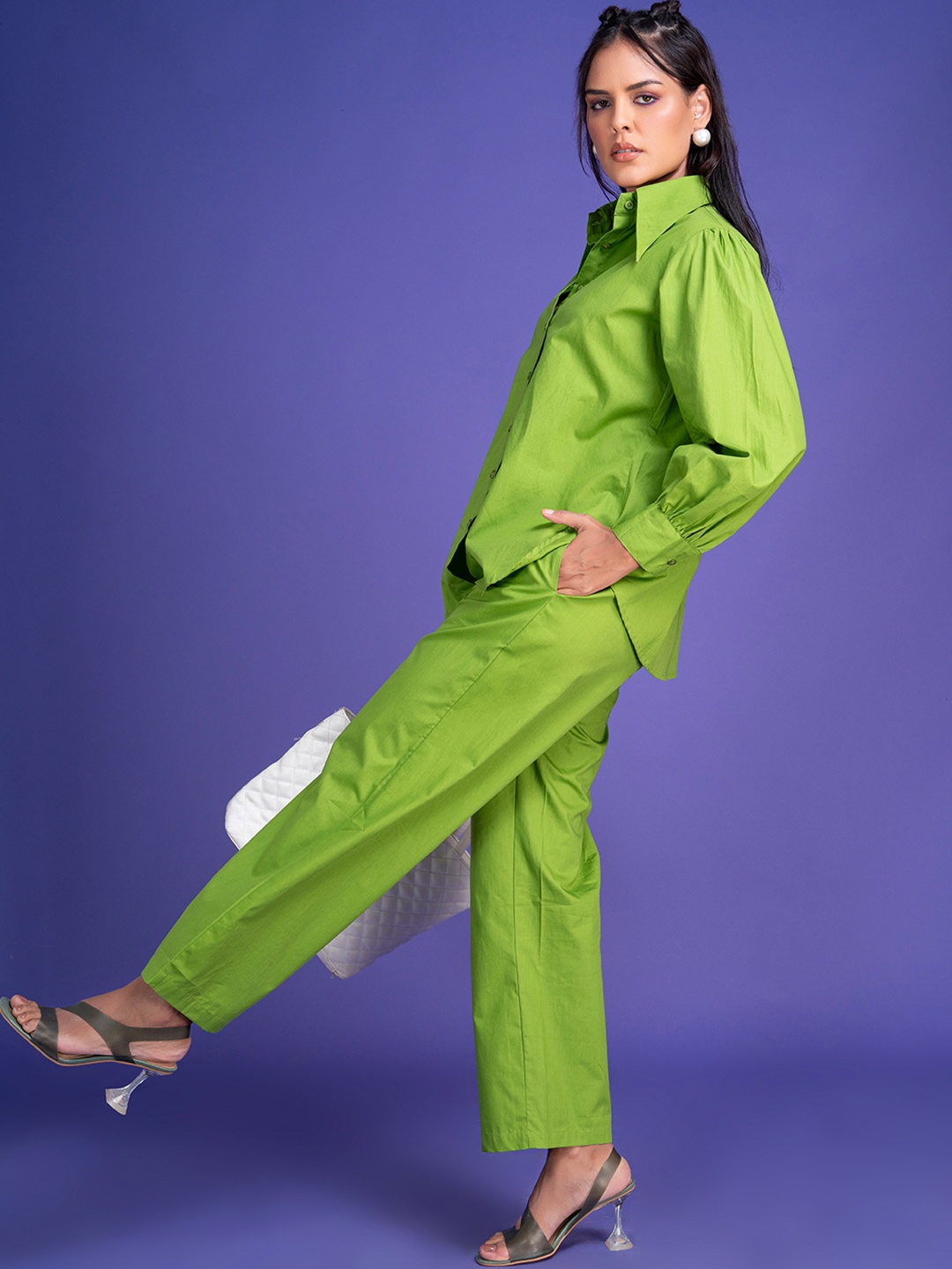 

Lounge Dreams Pure Cotton Shirt With Trousers, Lime green