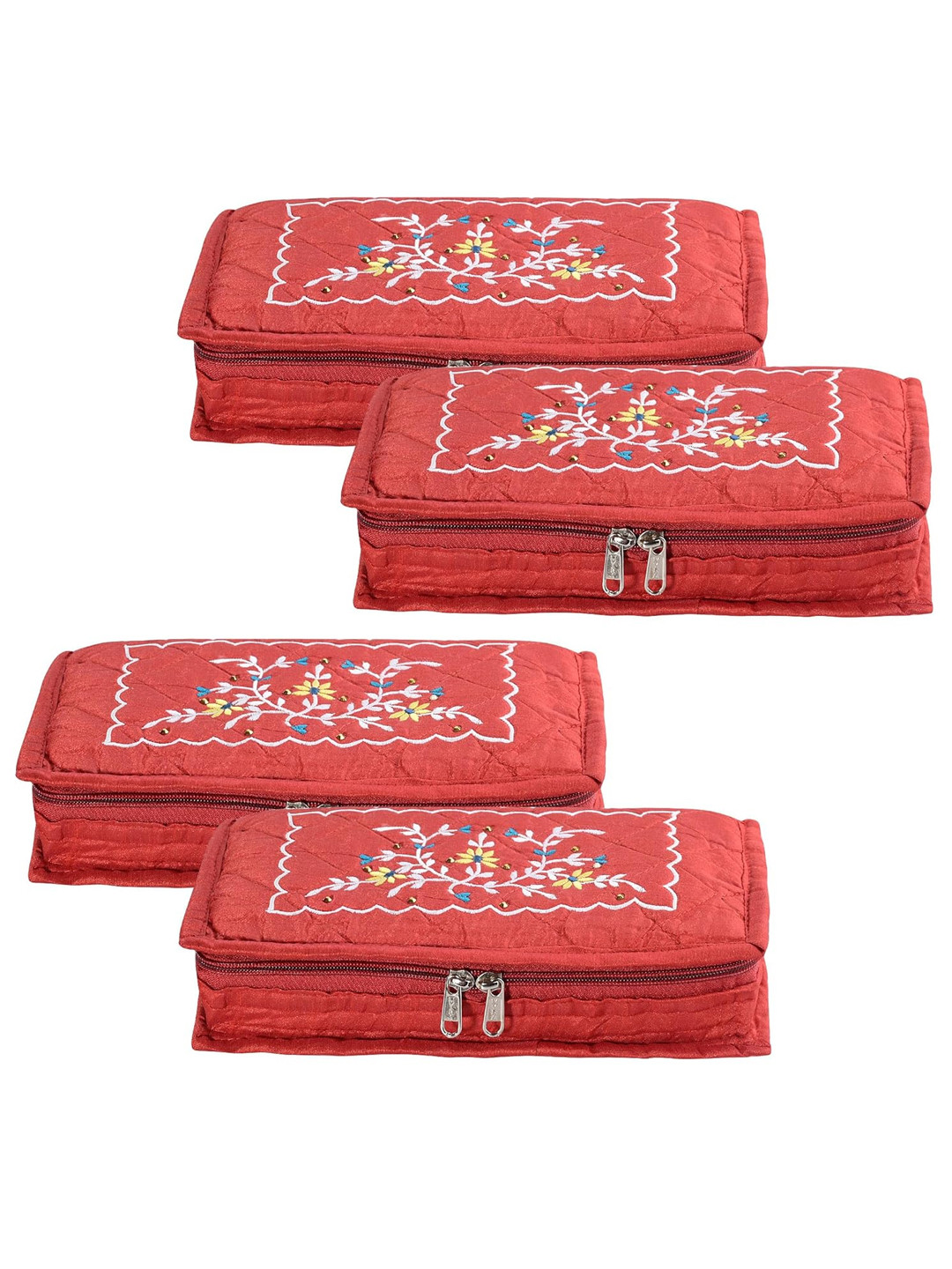 

Kuber Industries Red 4 Pieces Floral Embroidery Jewellery Organisers