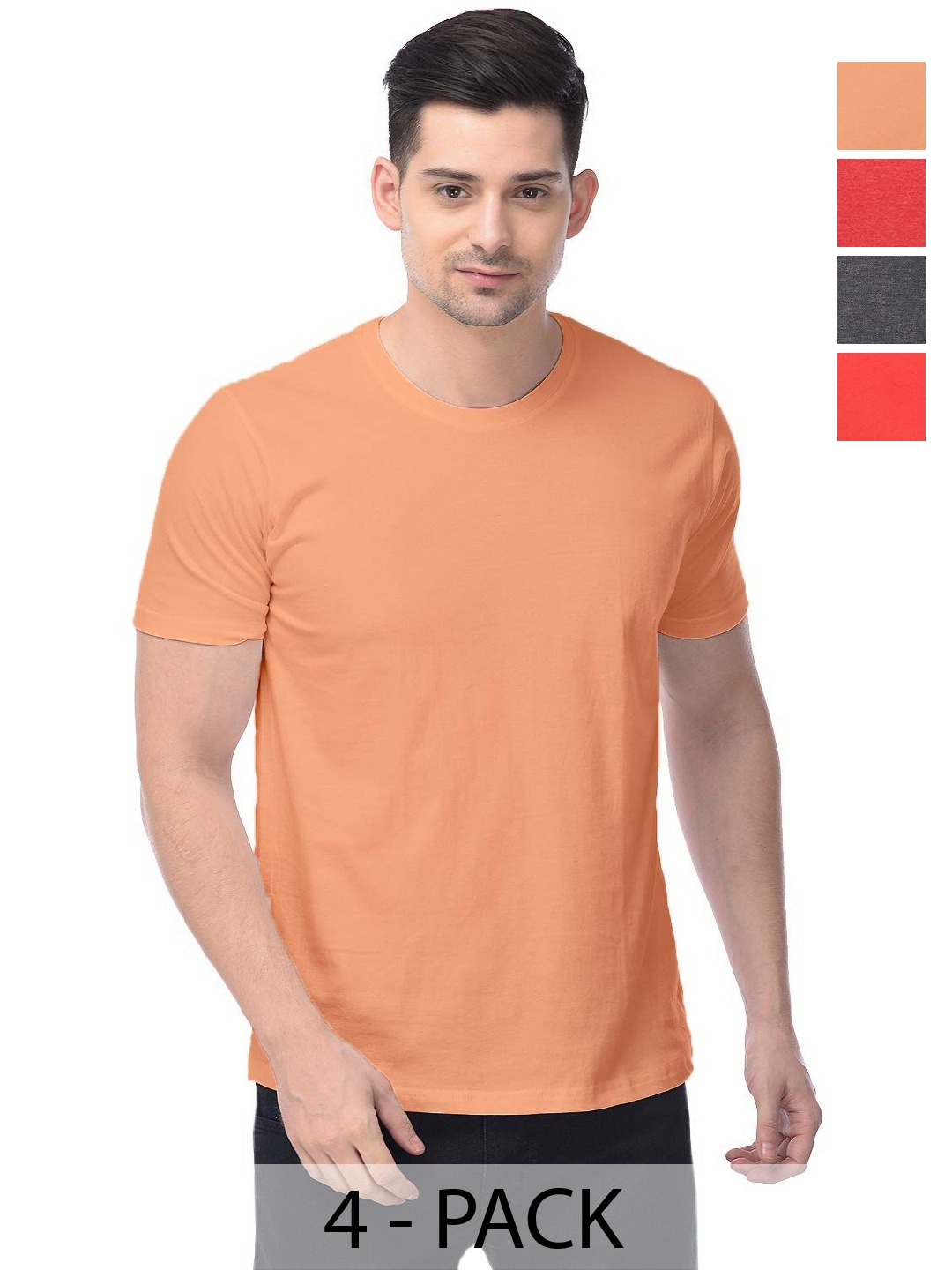 COLOR CAPITAL Unisex Pack Of 4 Solid Round Neck Cotton T-shirts, Red