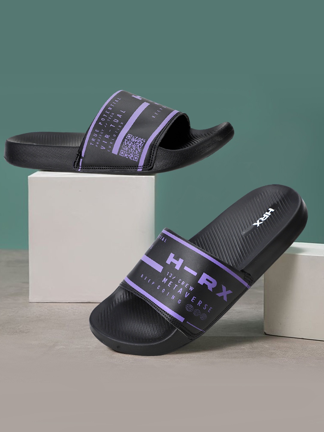 

HRX by Hrithik Roshan Men Printed Sliders, Black