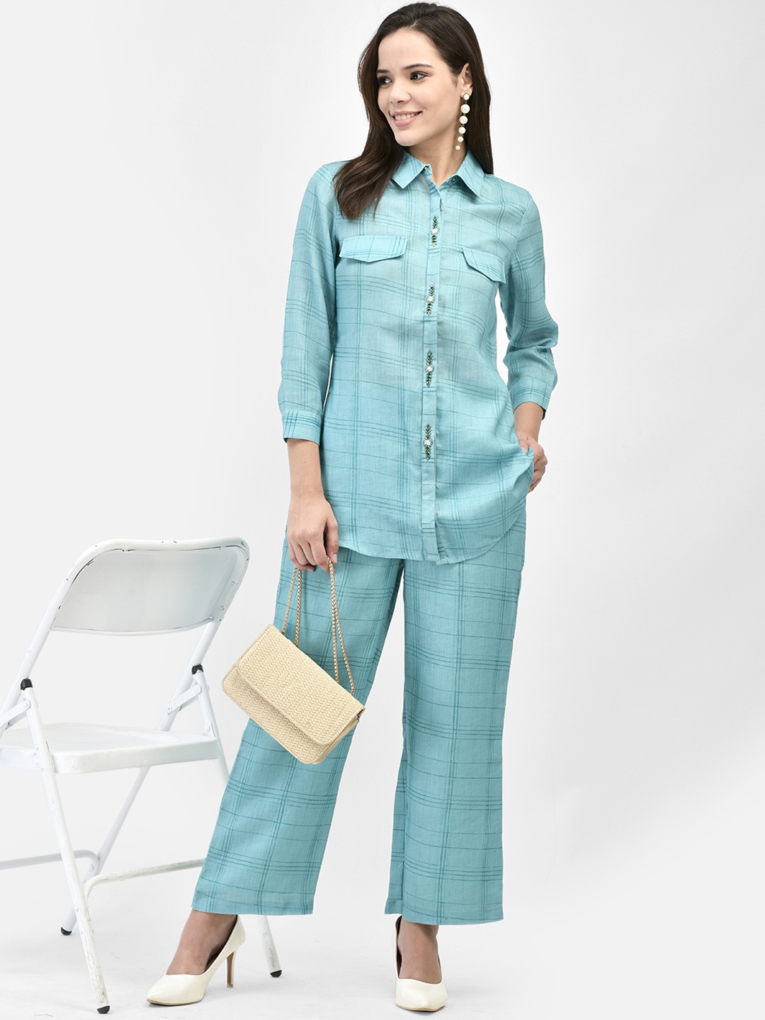 

FUTURO Checked Linen Top With Trousers, Green