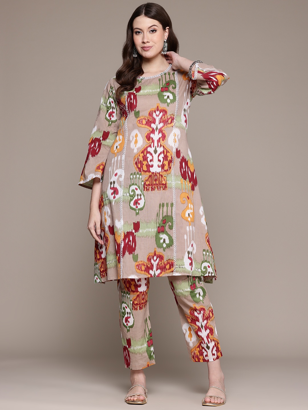 Readiprint Floral Printed Panelled Pure Cotton Kurta with Trousers, Brown