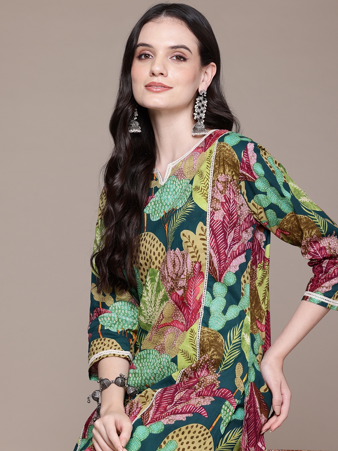 

Readiprint Floral Printed Panelled Pure Cotton Kurta with Trousers, Teal