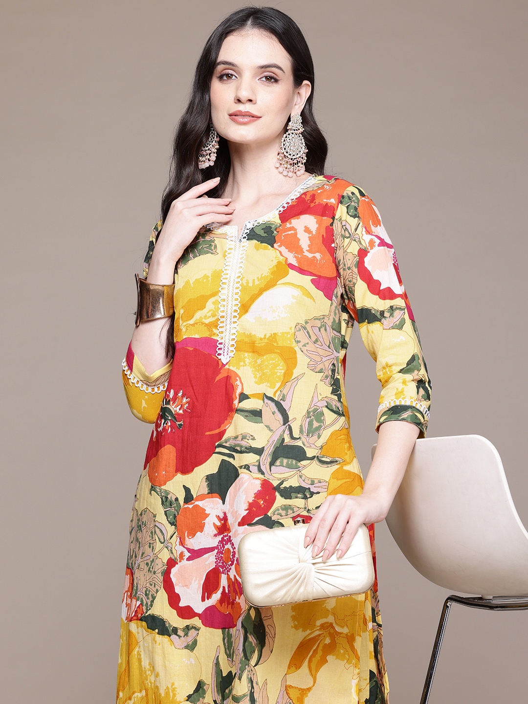 

Readiprint Floral Printed Pure Cotton Kurta with Trousers, Yellow