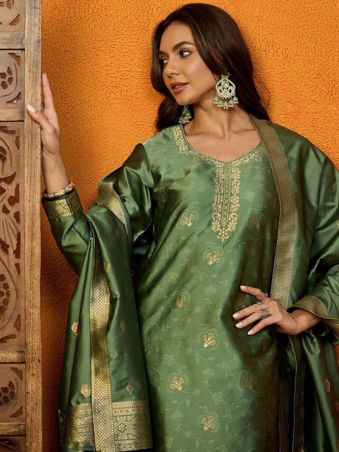 

KALINI Floral Woven Design Jacquard Zari Straight Kurta With Trouser & Dupatta, Green