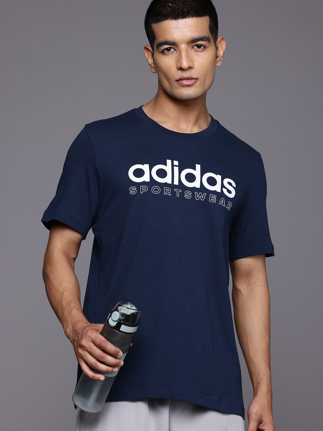 

ADIDAS Linear GRFX Brand Logo Print Pure Cotton T-shirt, Navy blue