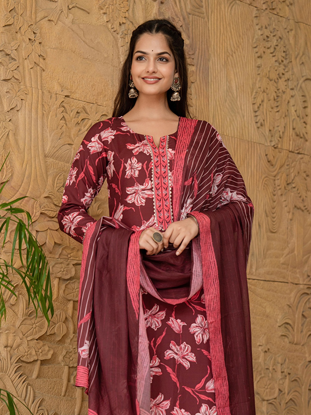 

KALINI Floral Printed Notch Neck Straight Kurta With Trousers & Dupatta, Maroon