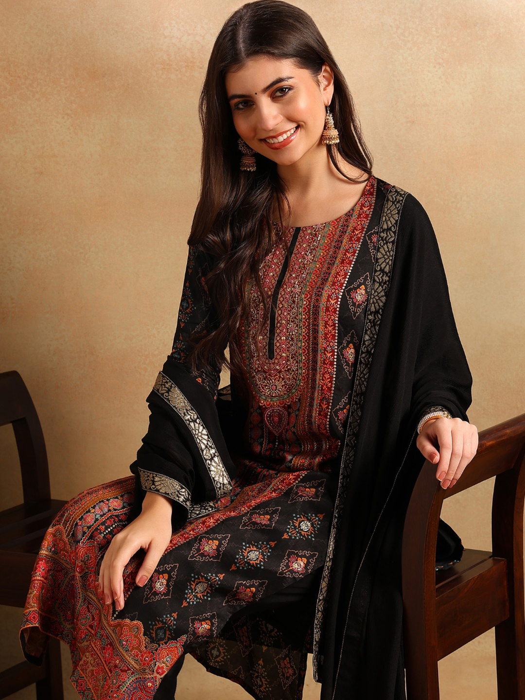 

KALINI Ethnic Motifs Printed Regular Silk Blend Kurta with Trousers & Dupatta, Black