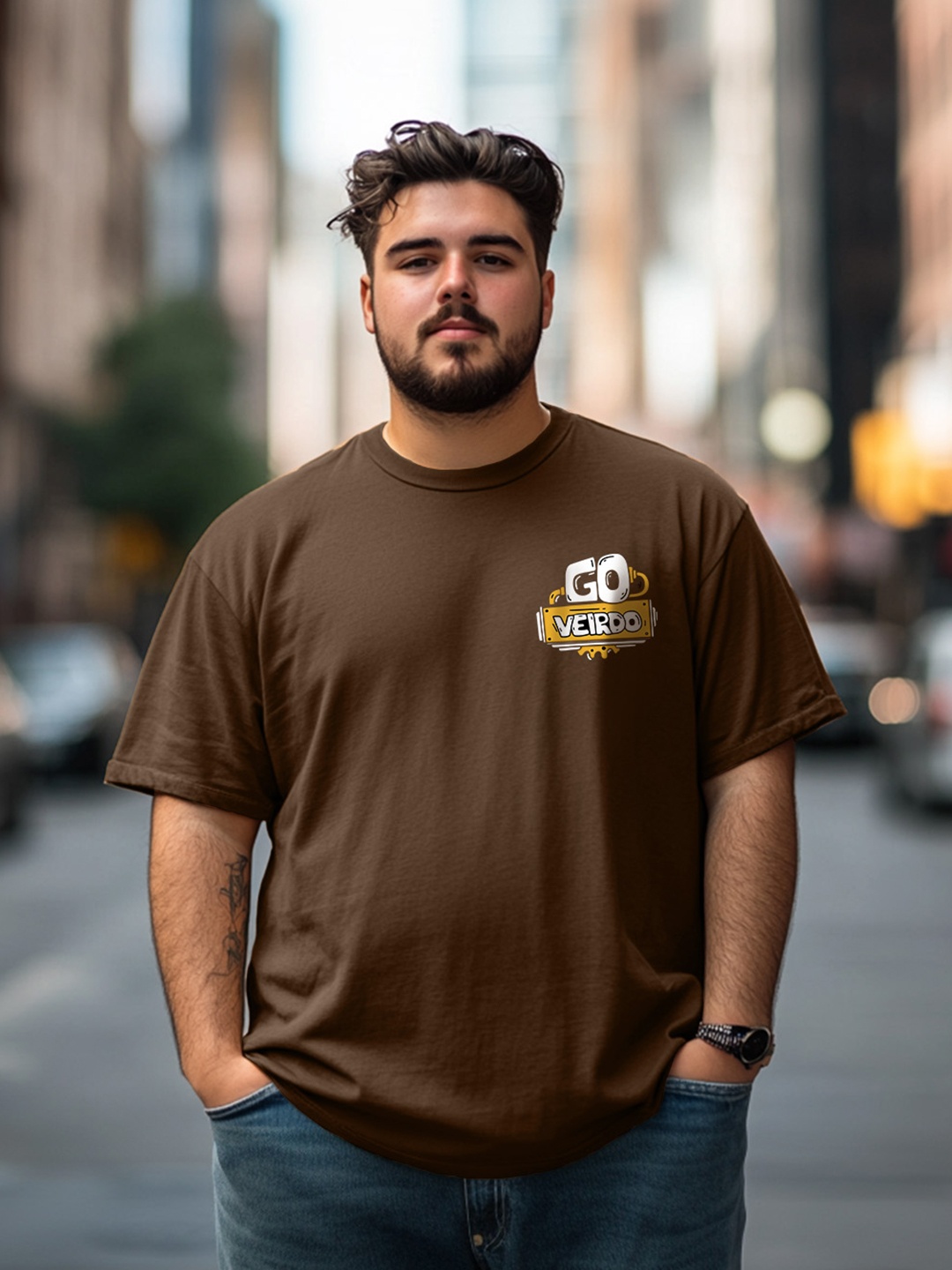 

VEIRDO Men Plus Size Pocket Printed Drop-Shoulder Sleeves Pure Cotton Oversized T-shirt, Brown