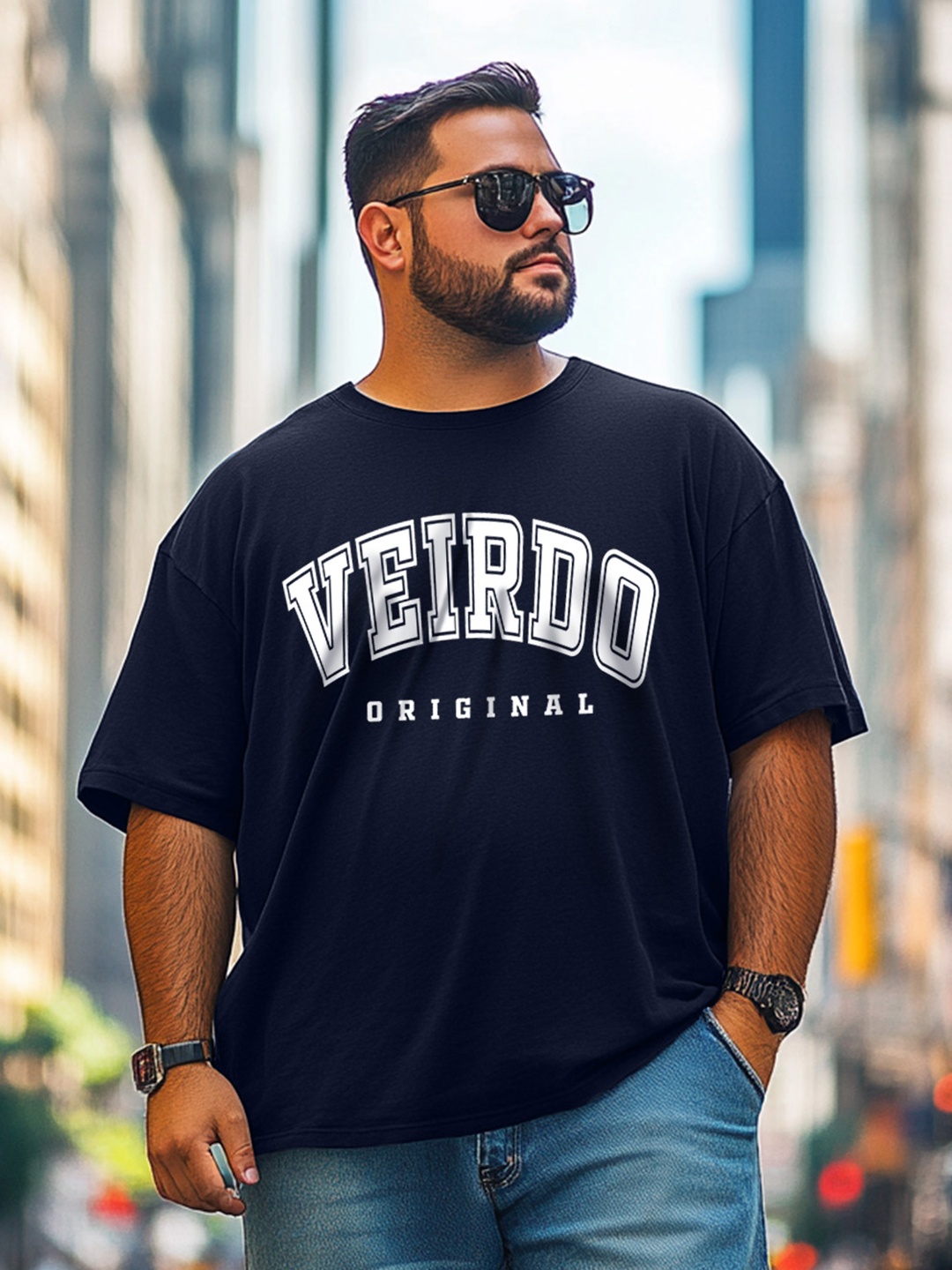 VEIRDO Men Plus Size Typography Printed Drop-Shoulder Sleeves Cotton Oversized T-shirt, Navy blue