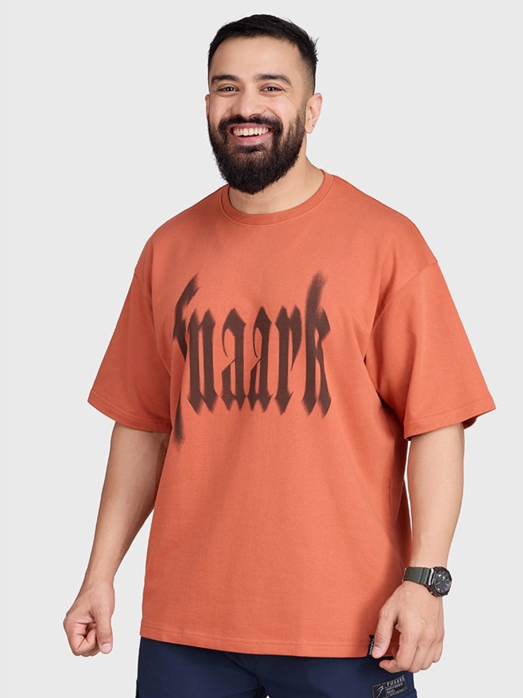 FUAARK Men Typography Printed Round Neck Cotton Oversized T-shirt, Rust