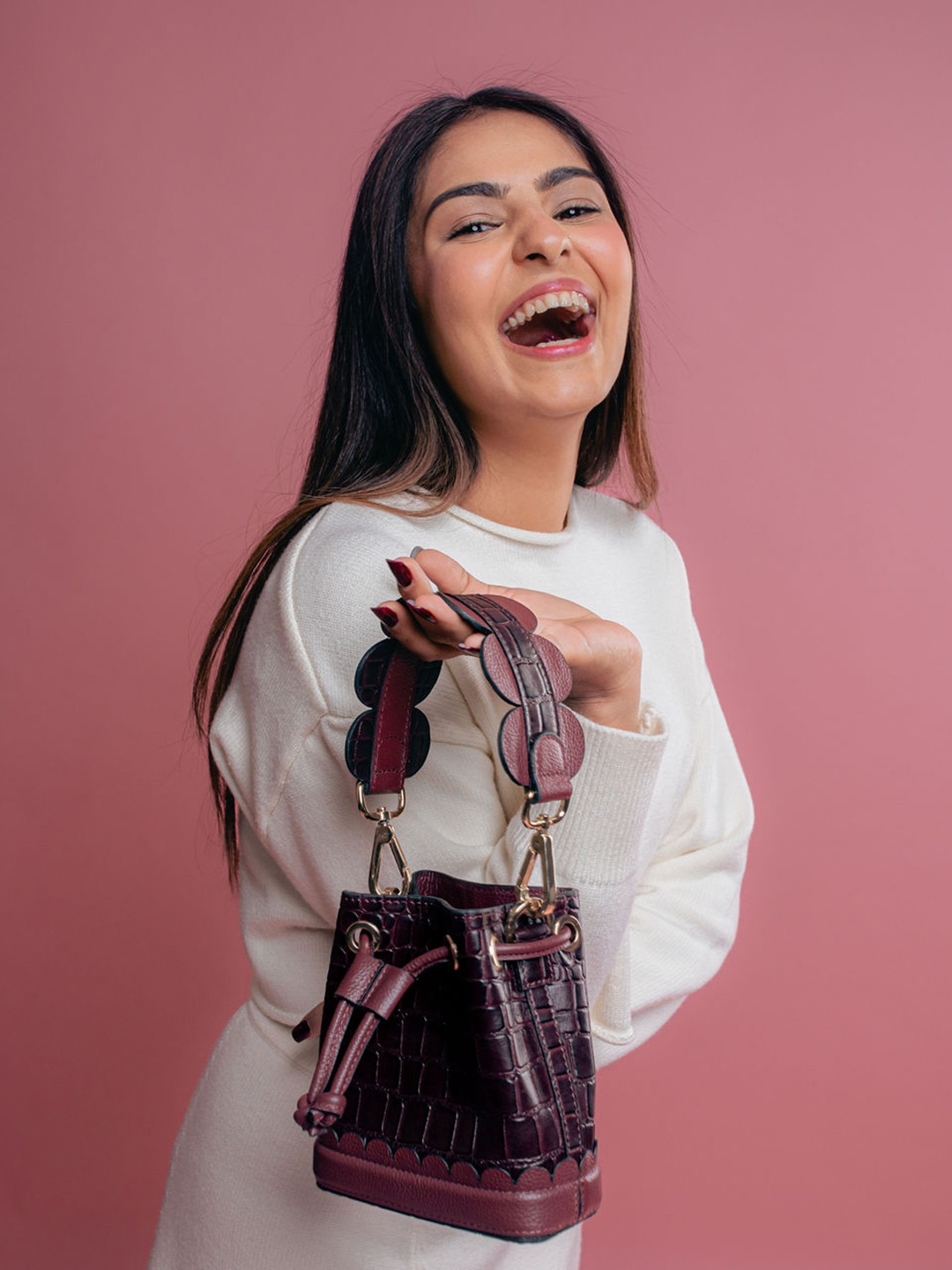 

And Also Textured Leather Structured Sling Bag, Burgundy